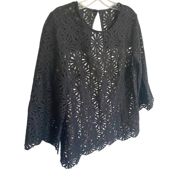 Trina Turk‎ Wilson Black Lace 3/4 Sleeves Blouse Top Black Cream M - Picture 8 of 15